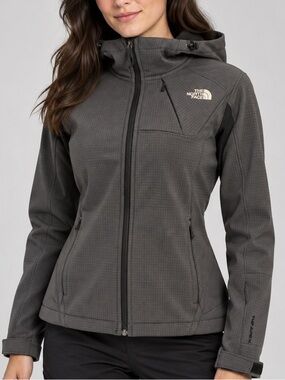 The North Face Apex Gray Plaid Hooded Fleece Lined Softshell Jacket Sz M